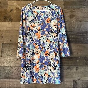 Chico's Casual Blue and Orange V-Neck Sheath Dress